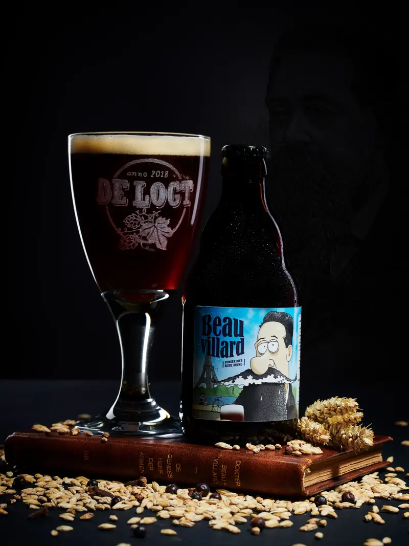 Glas en flesje Beauvillard, donker bier