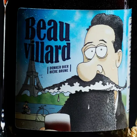Etiket van Beauvillard met een cartoon van dokter Beauvillard